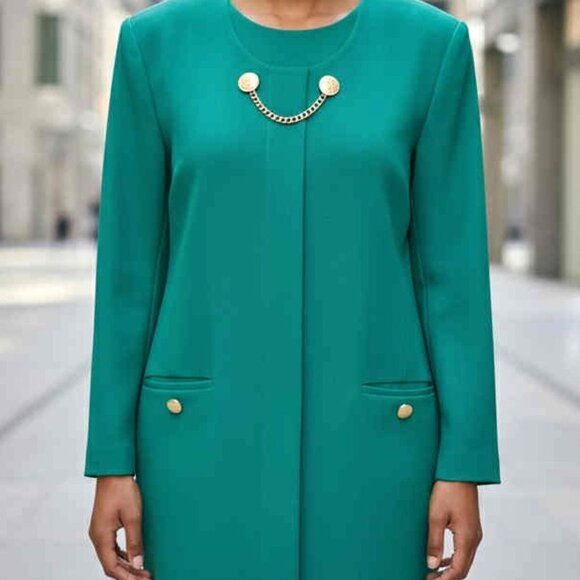 Vintage 1980s Depeche Mode Teal Sheath Dress Gold Button Chain Front Size 10 EUC - Picture 2 of 6